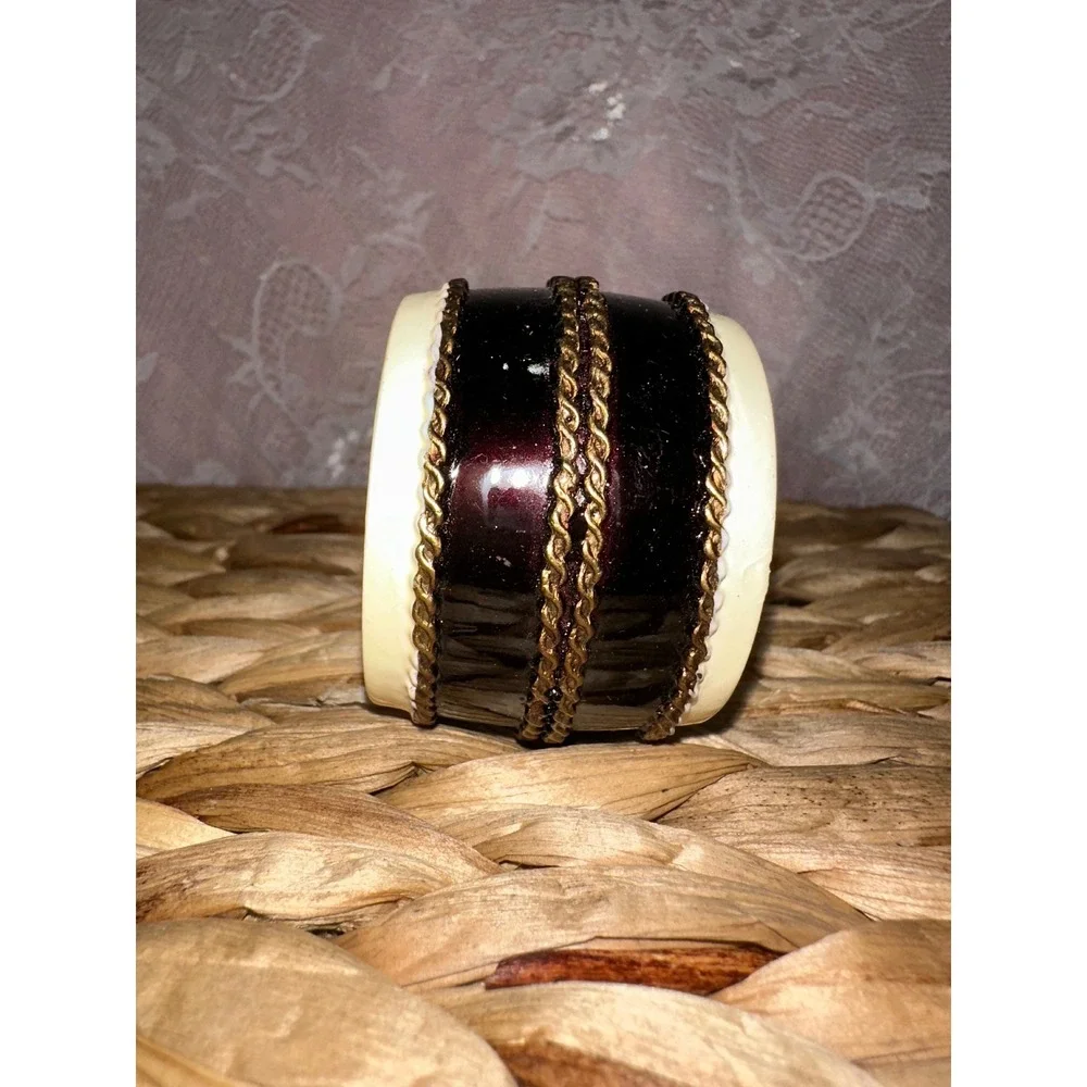 Vintage Cream and Burgundy Napkin Rings with Gold Rope Chain‎ Detail Set of 6